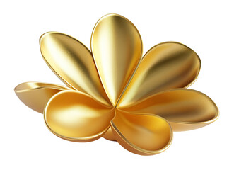 Elegant golden flower floating in the air, on transparent background. Cut out design element for beauty, festive themes. Blossom. Glossy yellow surface.