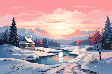 Fototapeta premium A peaceful winter landscape in a minimalist vector art style. Snow-covered mountains in the background, a small village with houses, a church, and a flowing river. Evergreen trees