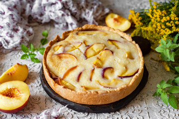 Sweet dessert: pear pie on a white background. Close-up.