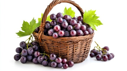 Fresh Red Grapes in a Wicker Basket with Green Leaves