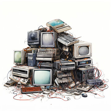 generated illustration stack of outdated computer, monitors and wires against white background