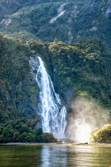 New Zealand Milford Sound, South Island, Fiordland National Park. Cruise scenic landscape view of high green reefs and waterfall, turquoise clear