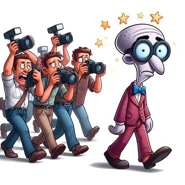 Illustration of ugly bald man followed by many paparazzi photographers , weird fame 
