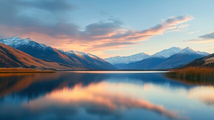 Golden sunset over a tranquil lake surrounded by snow-capped mountains, with the first stars beginning to appear in the sky