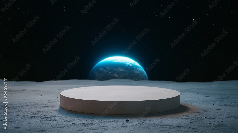 Canvas Prints space mockup podium for product presentation on a moon surface with craters and glowing earth in the
