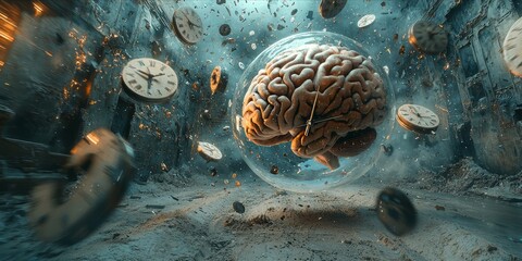 Surreal Brain in Motion Amidst Floating Clocks in a Futuristic Ruin