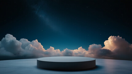 Space  mockup podium for product presentation on  edge of galaxy with swirling stars and luminous clouds in the background