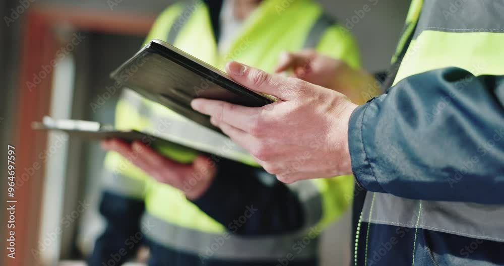 Poster Hand, tablet and design with people on construction site for project management, property development and building inspection. Architecture, technology and digital blueprint with team for update