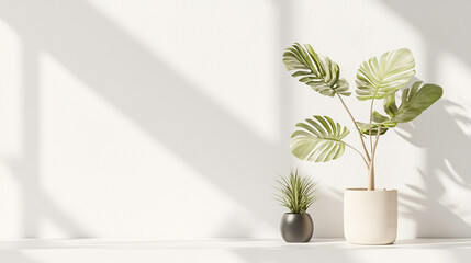 A potted plant sits on a shelf next to a white wall