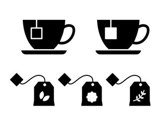 Tea bags and cups icons set