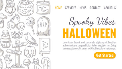 Halloween minimalist landing page vector template. Holiday flat side frame with tombstone, spell book, raven, skull shape cherry, bat, owl, zombie hand, pumpkin. For website, web page, online, banner