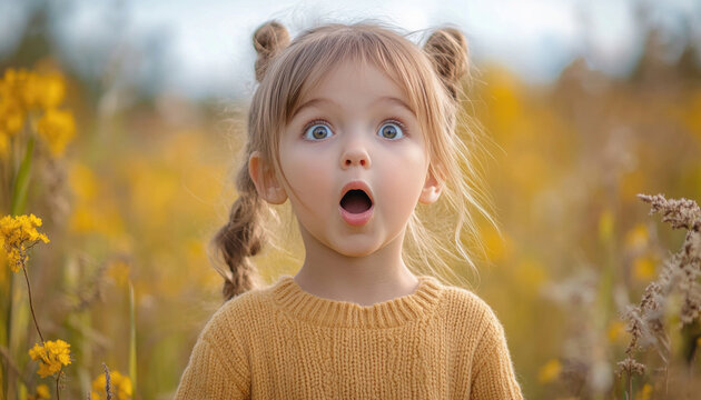 Portrait of a surprised little girl in a field of yellow flowers