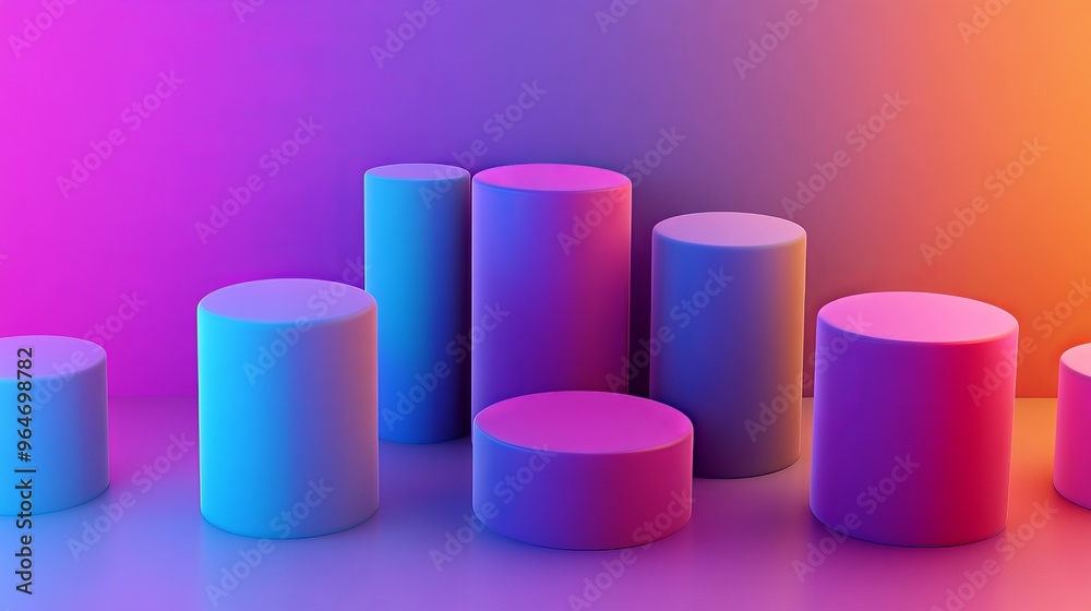 Wall mural a 3d rendering of abstract iridescent, round, and cylindrical shapes with a colorful gradient, inten