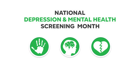 National Depression & Mental Health Screening Month. Hand, human and heart. Great for cards, banners, posters, social media and more. White background.