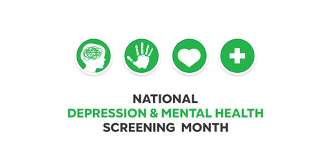 National Depression & Mental Health Screening Month. Human, hand, heart and plus icon. Great for cards, banners, posters, social media and more. White background.