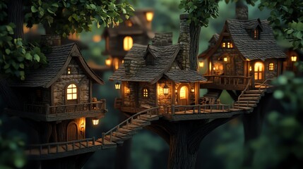 Enchanting treehouse village illuminated at night, nestled among lush greenery, creating a magical, cozy atmosphere.