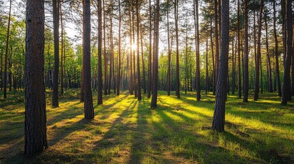Fototapeta premium Pine Tree Forest in Spring – Sunny Day Serenity