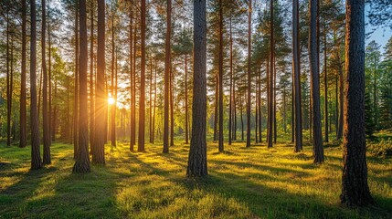 Fototapeta premium Pine Tree Forest in Spring – Sunny Day Serenity