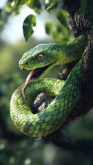 Fototapeta premium A vibrant green tree snake with scales and forked tongue, coiled on a tree branch in a dense forest setting.