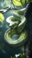 Fototapeta premium A vibrant green tree snake with scales and forked tongue, coiled on a tree branch in a dense forest setting.