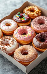 Assorted doughnuts in an open white box, placed on a grey background, fresh and delicious