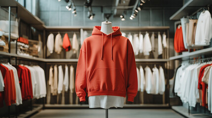 A red hoodie is displayed in a store