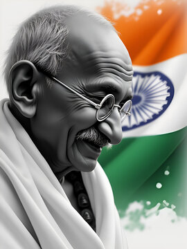 Mahatma Gandhi: The Soul of India's Independence in Black and White image with India's flag