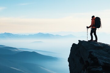 Fototapeta premium A hiker stands triumphantly on a mountain peak, gazing at stunning panoramic views of undulating hills and distant valleys.
