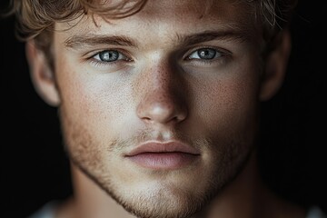 Obraz premium Close-up of a young man with freckles and intense gaze