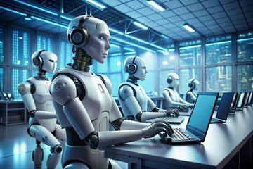 A group of robots are sitting at a desk with computer monitors in front of them