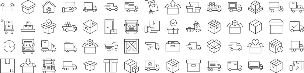 Collection of Delivery Related Line Icons. Editable Stroke for Design, Web Sites, Apps, Cards. Contains Linear Images of Boxes and Vans