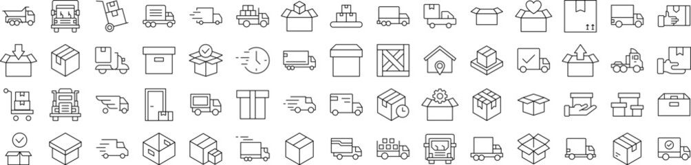 Pack of Delivery Related Line Icons. Editable Stroke for Design, Web Sites, Apps, Cards. Contains Linear Images of Boxes and Vans