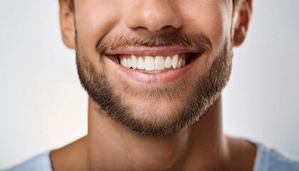 Obraz premium Radiant caucasian male smile with perfect white teeth against solid white background