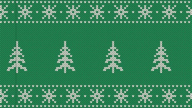 Christmas Animation. Moving Knitted Pattern with Fir Trees and Snowflakes on Green Background. Loop Background. Ornament. Banner. Seamless Border