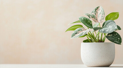 Fototapeta premium A white pot with a green plant in it sits on a table