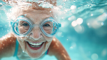 Naklejka premium A woman in a blue swimsuit is smiling and wearing goggles