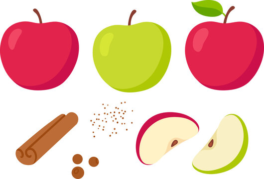 Apple pie ingredients. Green and red sliced apples, cinnamon stick and spices. Isolated cartoon illustration set.