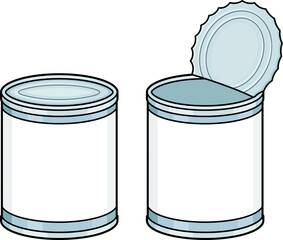 Tin can with blank label drawing set, closed and open. Simple cartoon clip art illustration.