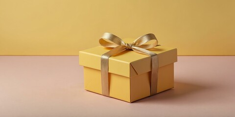beautiful yellow gift box on a pastel yellow aesthetic background with space for text, concept for Birthday or Christmas or Valentines Day