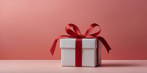 beautiful white gift box on a pastel red aesthetic background with space for text, concept for Birthday or Christmas or Valentines Day