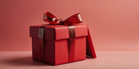 beautiful red gift box on a pastel red aesthetic background with space for text, concept for Birthday or Christmas or Valentines Day