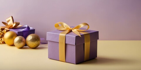 beautiful purple gift box on a pastel yellow aesthetic background with space for text, concept for Birthday or Christmas or Valentines Day