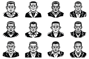 Set of Vector Halloween Frankenstein Monster Icon Transparent Background 