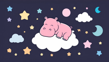 Little cartoon hippo sleeping on a cloud, flat design illustration