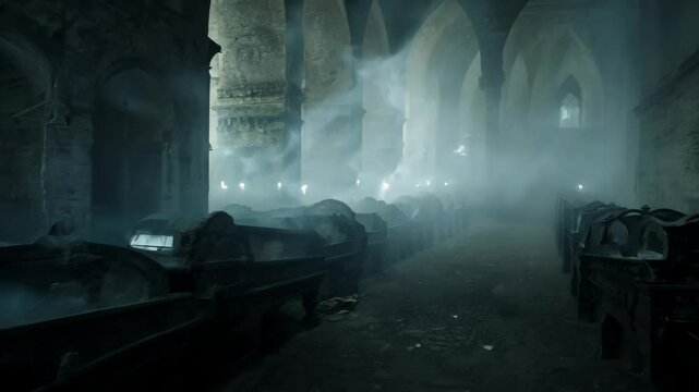 An ancient crypt with cobwebbed coffins and faintly glowing apparitions, creating a mysterious and eerie atmosphere.