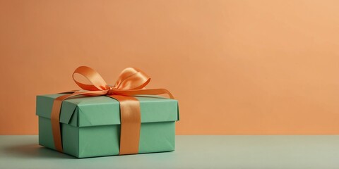 beautiful green gift box on a pastel orange aesthetic background with space for text, concept for Birthday or Christmas or Valentines Day