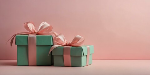 beautiful green gift box on a pastel pink aesthetic background with space for text, concept for Birthday or Christmas or Valentines Day