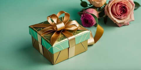 beautiful gold gift box on a pastel green aesthetic background with space for text, concept for Birthday or Christmas or Valentines Day