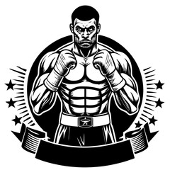 Obraz premium Boxer ready to fight on white background. Silhouette and outline art.