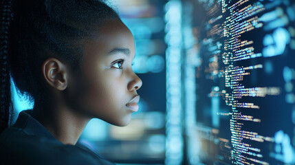 A young girl is looking at a computer screen with a lot of code on it